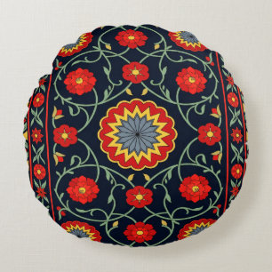 Vintage-Boho-Karmesinrot-Folk-Art-Blumen-Teppich Rundes Kissen