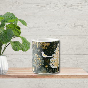 Vintage Boho Weiß Grün Gold Vogel Bäume Kaffeetasse