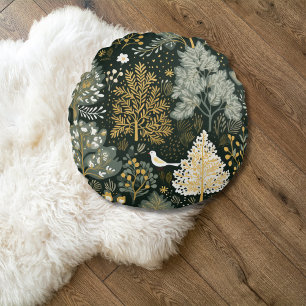 Vintage Boho Weiße Grüne Goldene Weihnachtsbäume Rundes Kissen