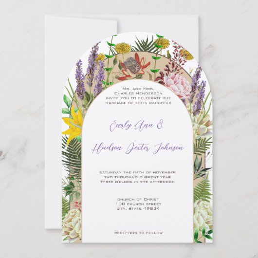 Vintage Boho Wildblume Fern Lila Gelbe Blüte Einladung (Vorderseite)