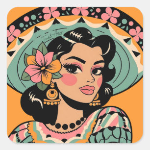 Vintage Bonita Fiesta Frau Mariachi Quadratischer Aufkleber