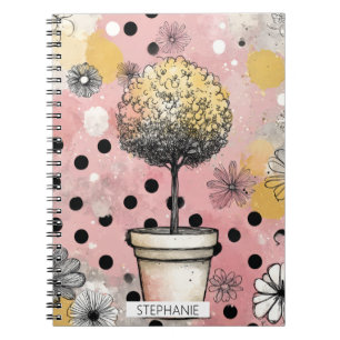 Vintage-Bonsai-Baum & florale Polka-Punkt-Kunst Notizblock