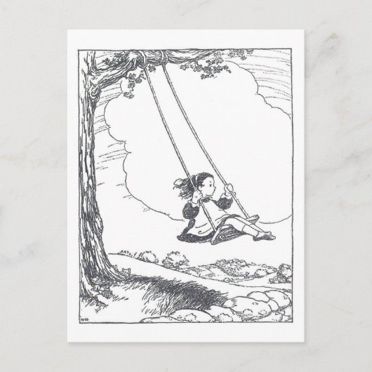 Vintage Book Illustration Girl Swinging Postkarte (Vorderseite)