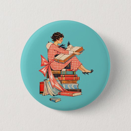 Vintage Book Lover Reading Illustration Button (Vorderseite)