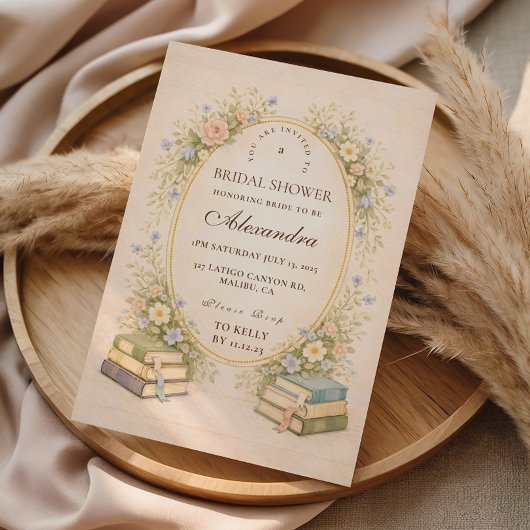 Vintage-Bookstack-Garten-Brautabschied Einladung