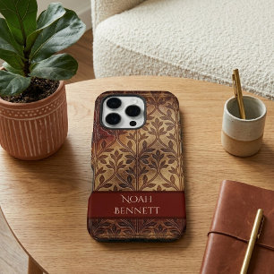 Vintage-Bordeaux-Leder-Boho-Botanik-Laubwerk iPhone 16 Pro Hülle