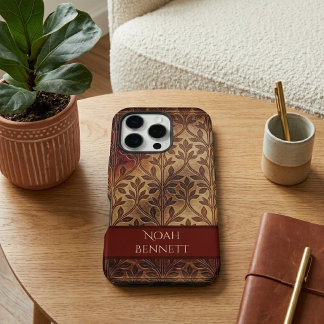 Vintage-Bordeaux-Leder-Boho-Botanik-Laubwerk  iPhone 16 Pro Hülle