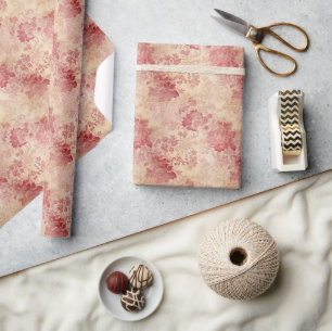 Vintage bordeauxfarbene Rose und goldbrauner Damas Geschenkpapier