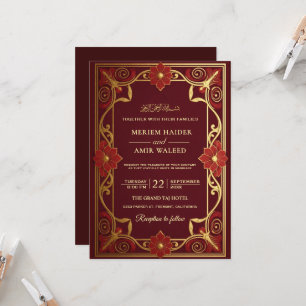 Vintage-Bordeauxrot und Gold Art Deco Islamische H Einladung