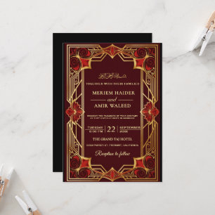 Vintage-Bordeauxrot und Gold Art Deco Islamische H Einladung