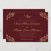 Vintage bordeauxrote Imitate Goldhochzeit Einladung (Vorne/Hinten)