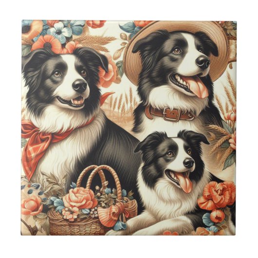 Vintage Border Collie Malerei Fliese (Vorderseite)