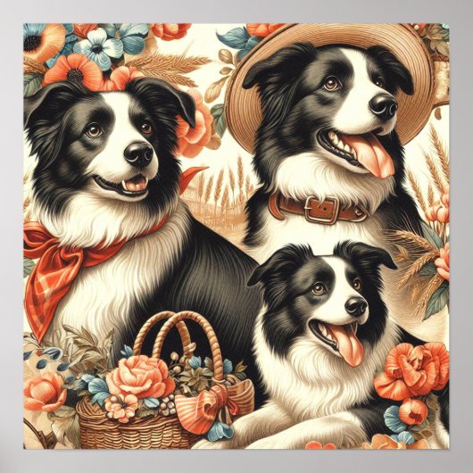 Vintage Border Collie Malerei Poster (Vorne)
