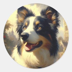 Vintage Border Collie Malerei Runder Aufkleber