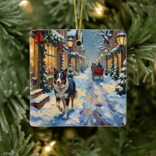 Vintage Border Collie Schnee Dorf Weihnachten Keramikornament