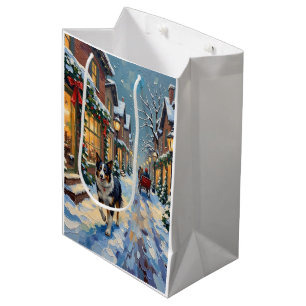 Vintage Border Collie Schnee Dorf Weihnachten Mittlere Geschenktüte