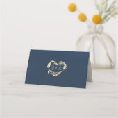 Vintage Border & Herz Monogramm - Blau Platzkarte (Rückseite)