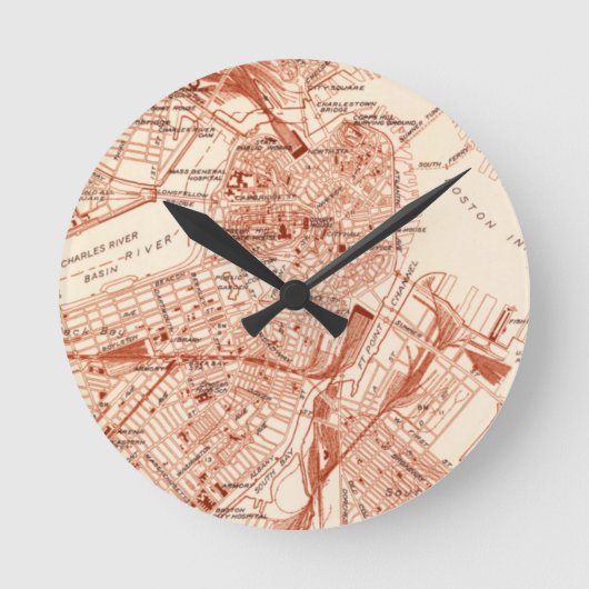 Vintage Boston Map Runde Wanduhr (Vorderseite)