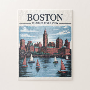Vintage-Boston-Massachusetts-Stadtansicht & Segelb Puzzle