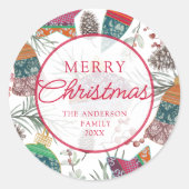 Vintage Botancial Red Frohe Weihnachten Runder Aufkleber (Vorderseite)