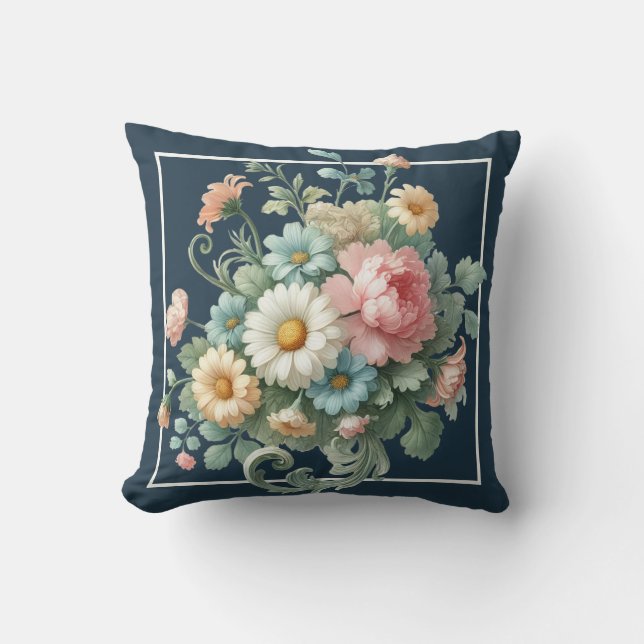 Vintage Botanical Floral Pastel on Dark Blue Kissen (Vorderseite)