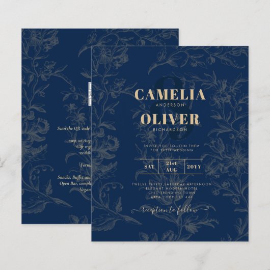 Vintage BOTANICAL Navy Blue Gold Hochzeit (Vorne/Hinten)