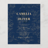 Vintage BOTANICAL Navy Blue Gold Hochzeit (Vorderseite)