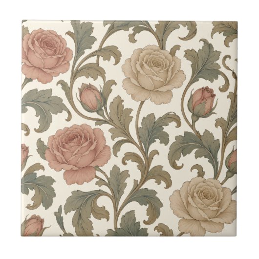 Vintage Botanical Rose Fliese (Vorderseite)