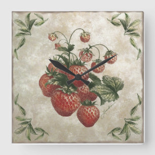 Vintage Botanical Rustic Strawberries Quadratische Wanduhr