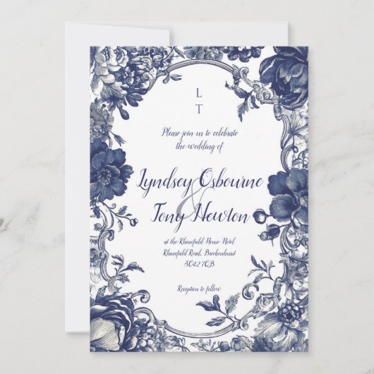 Vintage Botanical Wedding Invitation in Blue Einladung (Vorderseite)