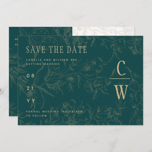 Vintage BOTANISCHE AQUAMARINE GOLD-Hochzeit Save The Date (Vorne/Hinten)