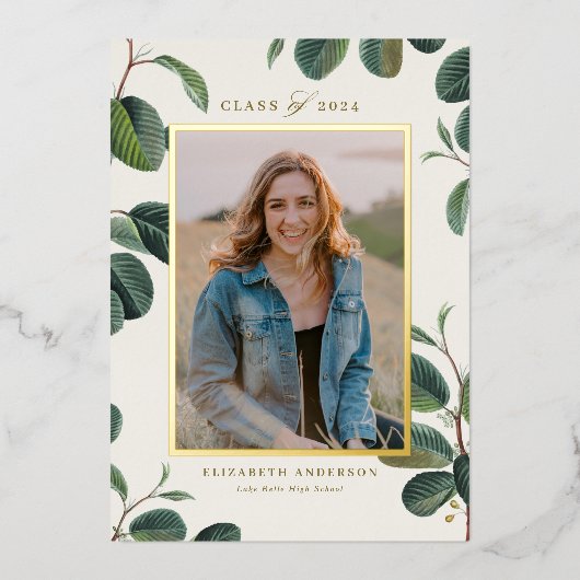 Vintage botanische Blätter Beige Foto Abschluss Folieneinladung (Vorderseite)