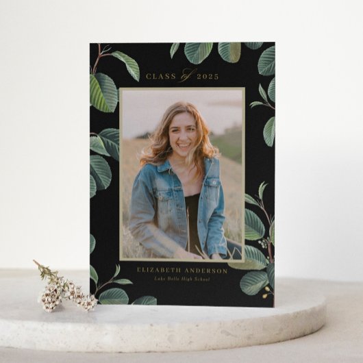 Vintage botanische Blätter Schwarzes Foto Abschlus Einladung