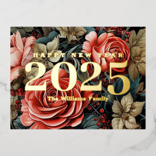 Vintage botanische Blume Frohes neues Jahr 2025 Go Folien Feiertagspostkarte