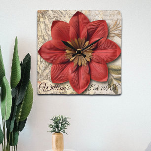 Vintage botanische Blume in Red 3D Paper Quadratische Wanduhr