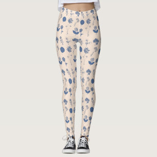 Vintage botanische Blumendarstellung Muster Blau Leggings