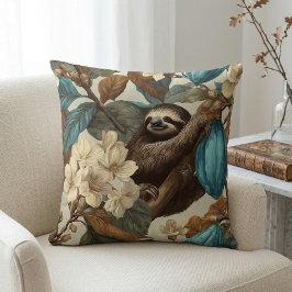 Vintage botanische Faultier-Teal-Braun-tropische B Kissen
