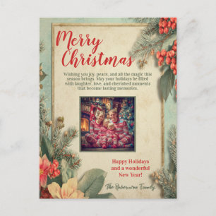 Vintage botanische Frohe Festtage Foto C Feiertagspostkarte