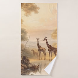 Vintage botanische Giraffenlandschaft am Fluss Badhandtuch Set