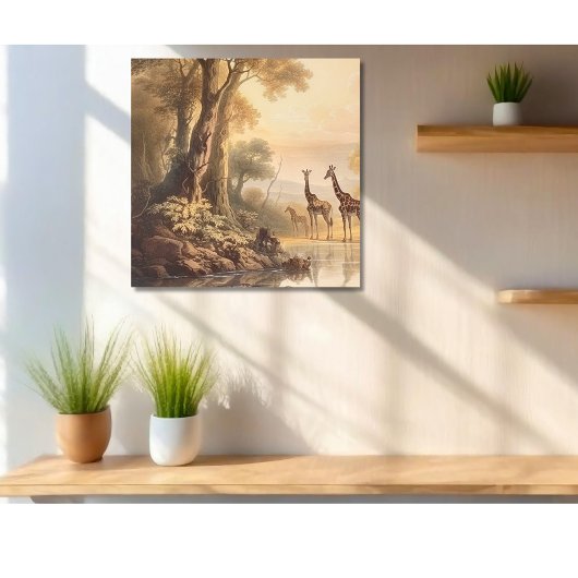 Vintage botanische Giraffenlandschaft am Fluss Leinwanddruck