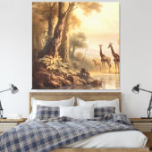 Vintage botanische Giraffenlandschaft am Fluss Leinwanddruck (Insitu (Schlafzimmer))