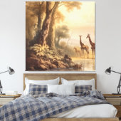 Vintage botanische Giraffenlandschaft am Fluss Leinwanddruck (Insitu (Schlafzimmer))