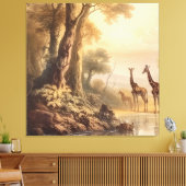 Vintage botanische Giraffenlandschaft am Fluss Leinwanddruck (Insitu (Wohnzimmer))