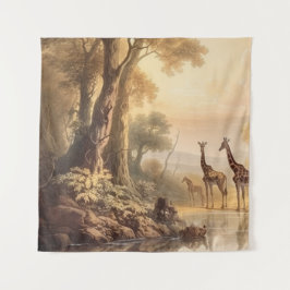 Vintage botanische Giraffenlandschaft am Fluss Wandteppich