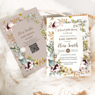 Vintage Botanische Häschen Hasen Baby Shower QR Einladung