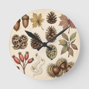 Vintage botanische Herbst-Eicheln, Zapfen und Blät Runde Wanduhr