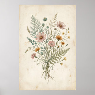 Vintage botanische Illustration von Wildblumen Poster