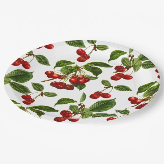 Vintage Botanische Kirschen Pappteller (Schrägansicht)