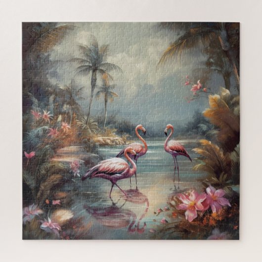 Vintage botanische Malflamingos und Blume Puzzle (Vertikal)