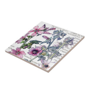 Vintage botanische Malven-Wildblumen-Fliesen Fliese